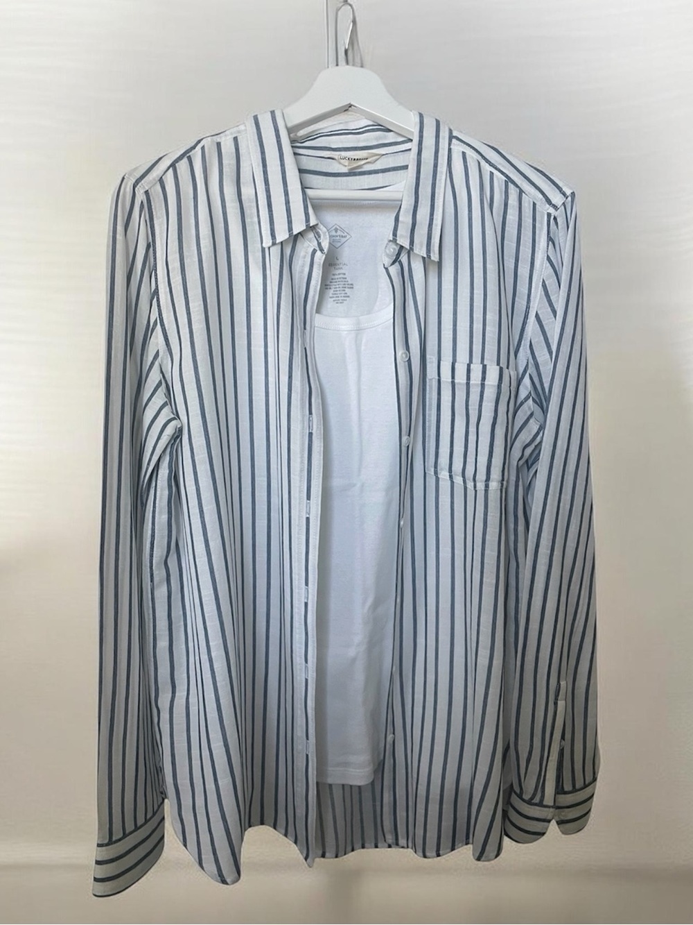 Lucky Brand Blue & White Cotton Blend Striped Button-Down Shirt Size Large
